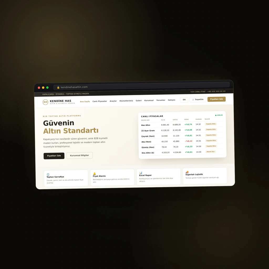 Kuyumcu web sitesi ve canlı altın fiyat ekranı örneği